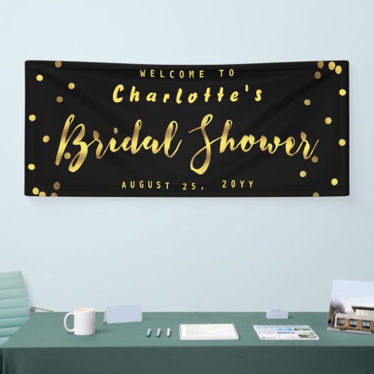 シックなブライダルシャワーのフェイクな金ゴールドの紙吹雪の黒 横断幕 (トレードショー)