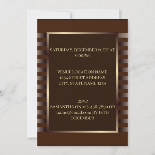 シックなブラウンと金ゴールドストライプ幾何学的誕生日 招待状 (裏面)