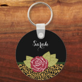 シックなブラウン金ゴールドヒョウ印刷レッドローズ名 キーホルダー (正面)