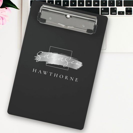 シックなブラシストロークブラックシルバーフェイクモノグラム ミニクリップボード