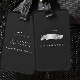 シックなブラシストロークブラックシルバーフェイクモノグラム ラゲッジタグ