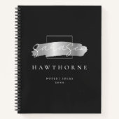 シックなブラシストローク黒フェイク銀ブラシモノグラム ノートブック (正面)