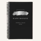 シックなブラシストローク黒フェイク銀ブラシモノグラム ノートブック (正面)