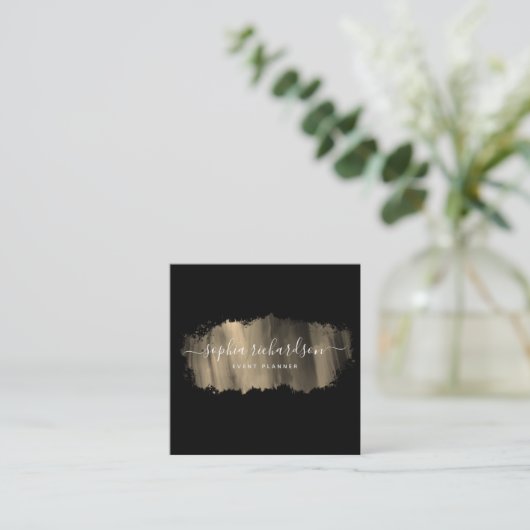シックなブラシストローク |黒フェイクの金ゴールド スクエア名刺 (スタンド正面)