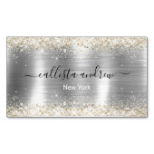 シックなブラシ仕上げメタルシルバー金ゴールドフェイクグリッター マグネット名刺 (正面)