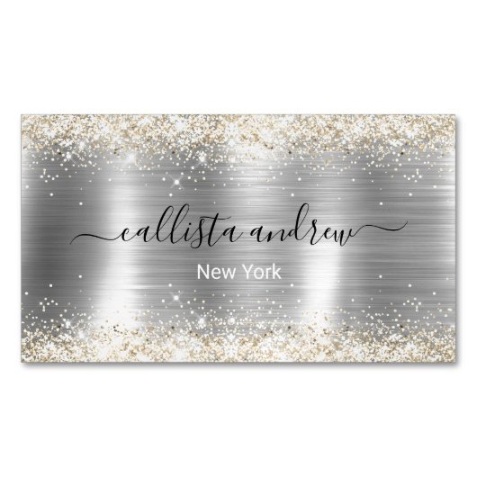シックなブラシ仕上げメタルシルバー金ゴールドフェイクグリッター マグネット名刺 (正面)