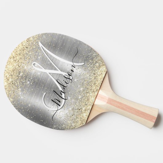 シックなブラシ仕上げメタルシルバー金ゴールドフェイクグリッター 卓球ラケット (横)