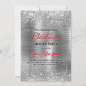 シックなブラシ仕上げメタル銀フェイクグリッタークリスマス 招待状 (正面)