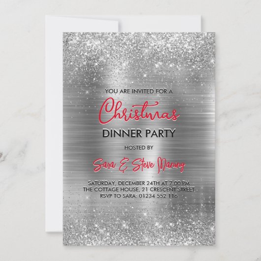 シックなブラシ仕上げメタル銀フェイクグリッタークリスマス 招待状 (正面)