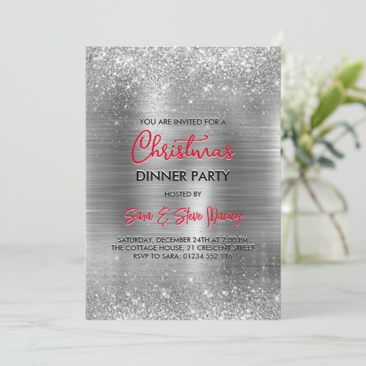 シックなブラシ仕上げメタル銀フェイクグリッタークリスマス 招待状 (スタンド正面)