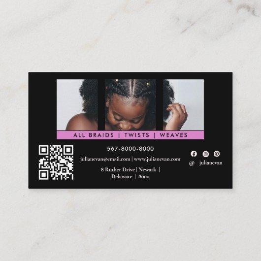 シックなブラックとネオンピンクのヘアブレイディングサロン写真 名刺 (裏面)
