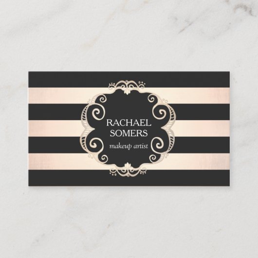 シックなブラックとバラの金ゴールドストライプの美しい – ノシャイン 名刺 (正面)