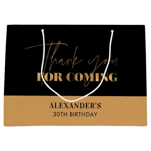 シックなブラックと金ゴールドスクリプト誕生日ありがとう ラージペーパーバッグ (正面)