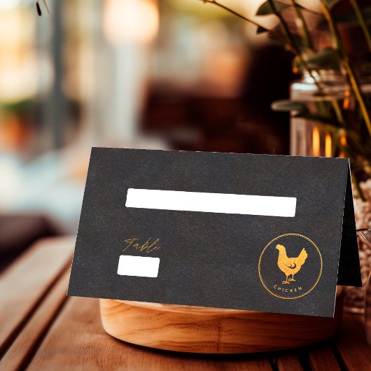 シックなブラックと金ゴールドチキン結婚のフード選択 プレイスカード