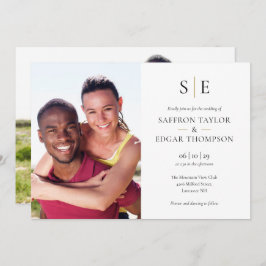 シックなブラックと金ゴールドモノグラム2フォト結婚ズ 招待状