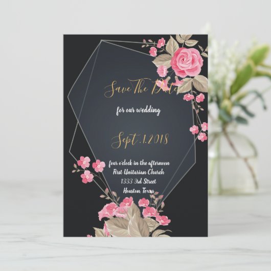 シックなブラックと金ゴールド幾何学模様は日付を保存 招待状 (スタンド正面)