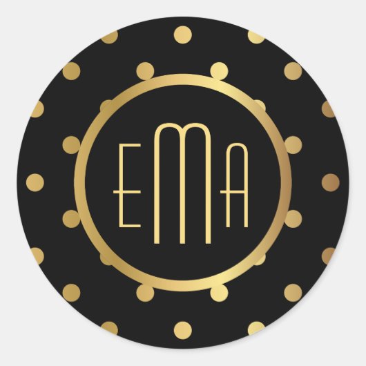 シックなブラックと金ゴールド水玉模様とモノグラム ラウンドシール (正面)