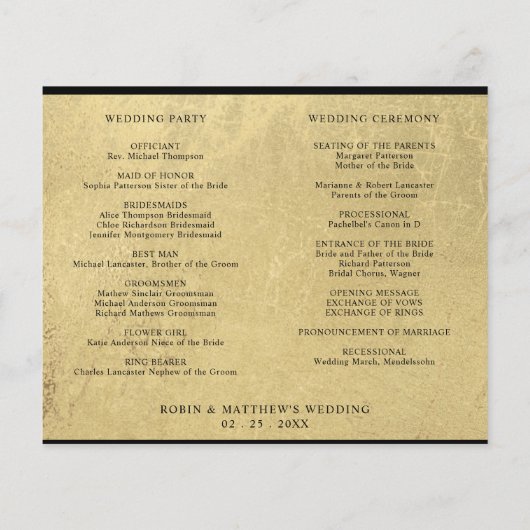 シックなブラックと金ゴールド結婚のタイムラインとプログラム (裏面)