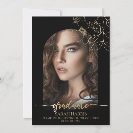 シックなブラックと金ゴールド |アーチフォト卒業 案内状 (正面)