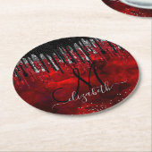 シックなブラックのシルバーグリッタードリップモノグラム紙 ラウンドペーパーコースター (アングル)