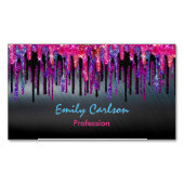 シックなブラックのホットピンクのブルードリップ マグネット名刺 (正面)
