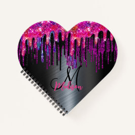 シックなブラックのホットピンクブルーのドリップモノグラム ノートブック