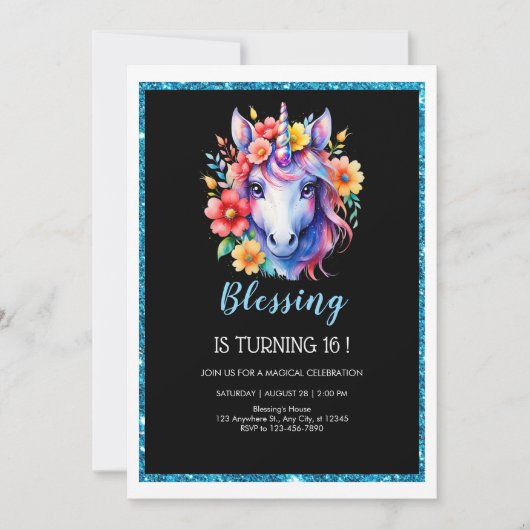 シックなブラックグリッターユニコーン誕生日 招待状 (正面)