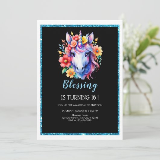 シックなブラックグリッターユニコーン誕生日 招待状 (スタンド正面)
