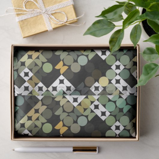 シックなブラックグリーンティール（緑がかった色）ブルーサークルのアートパターン 薄葉紙 (ギフト)