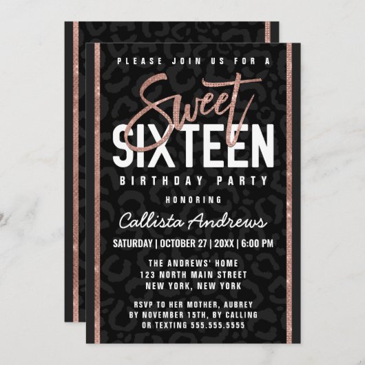 シックなブラックグレーバラ金ゴールドグリッターチータースイーツ16 招待状 (正面/裏面)