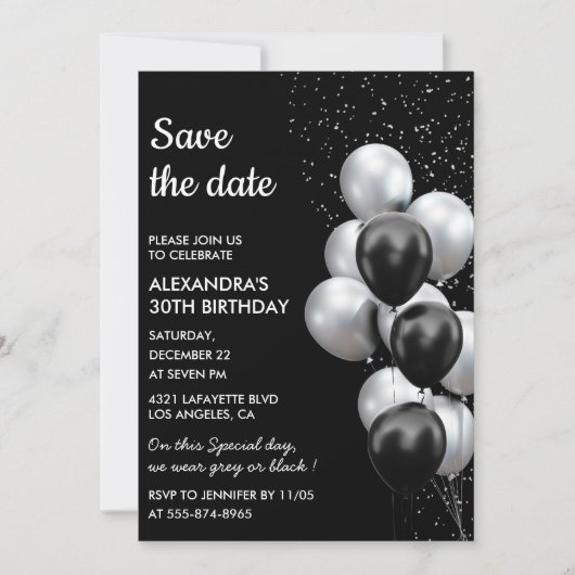 シックなブラックグレー風船の30歳の記念日Save the Date 招待状 (正面)