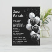 シックなブラックグレー風船の30歳の記念日Save the Date 招待状 (スタンド正面)