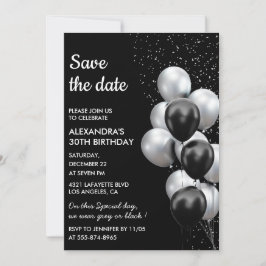 シックなブラックグレー風船の30歳の記念日Save the Date  招待状