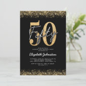 シックなブラックゴールドの50歳の誕生日招待状 招待状 (スタンド正面)
