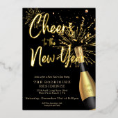 シックなブラックシャンパーニュ応援ズトゥニューイヤー金ゴールド 箔招待状 (正面)