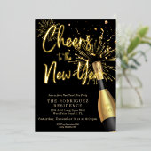 シックなブラックシャンパーニュ応援ズトゥニューイヤー金ゴールド 箔招待状 (立ち正面)