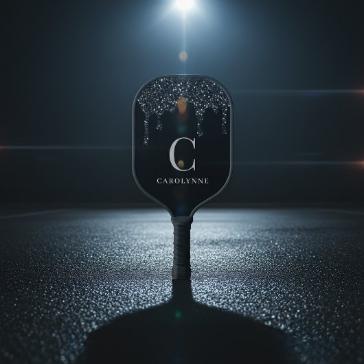 シックなブラックスパークルグリッタードリップスモノグラム ピックルボールラケット