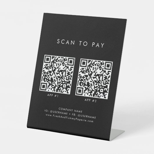 シックなブラックタイポグラフィビジネス2アプリスキャンして支払う 台座サイン (正面)