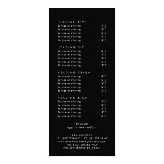 シックなブラックタイポグラフィロゴのビジネス価格表 ラックカード (裏面)