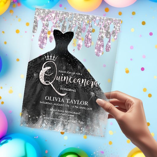 シックなブラックドレスピンクのクリスタルドリップキンセアニェラ アクリル招待状