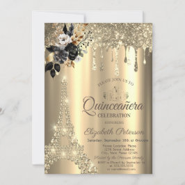 シックなブラックバラエッフェルタワー金ゴールドドリップ 招待状