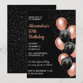 シックなブラックバラ金ゴールドバルーン87th誕生日 招待状 (正面/裏面)