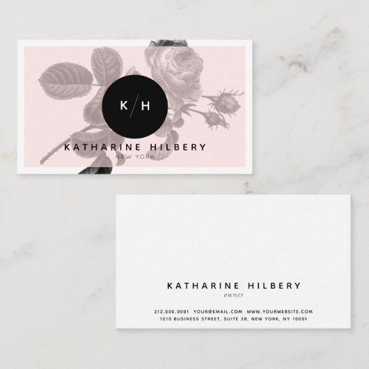 シックなブラックバラ&モノグラムピンクビジネスカード 名刺 (正面/裏面)