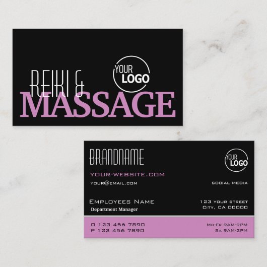 シックなブラックピンクと白シンプルのロスタイリッシュゴ付きロゴ 名刺 (正面/裏面)