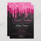 シックなブラックピンクグリッターSweet sixteenパーティーインビタ 招待状 (正面/裏面)