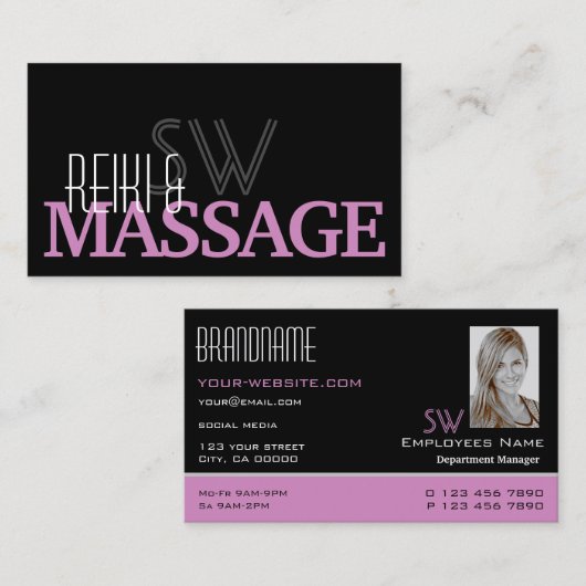 シックなブラックピンクホワイトシンプルモノグラムと写真 名刺 (正面/裏面)