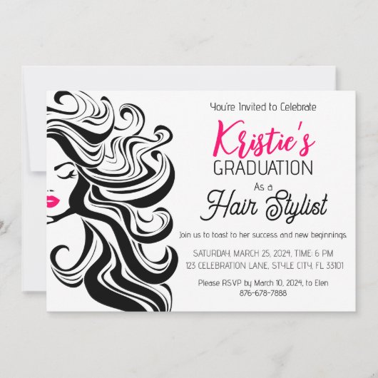 シックなブラックピンク美容師卒業パーティーかわいい 招待状 (正面)