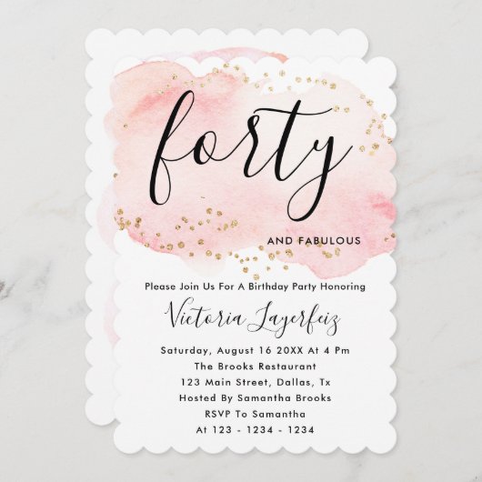 シックなブラックピンク金ゴールドタイポグラフィ40th誕生日 招待状 (正面/裏面)