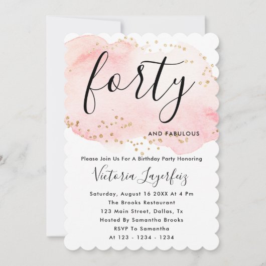 シックなブラックピンク金ゴールドタイポグラフィ40th誕生日 招待状 (正面)