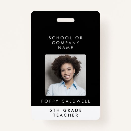 シックなブラックフォトスモールビジネスまたは先生ID バッジ (正面)